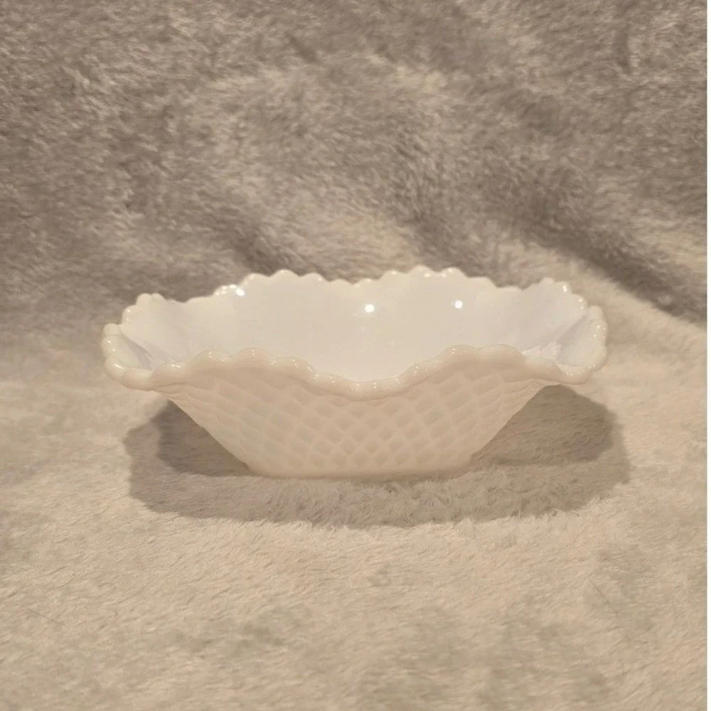 Vintage White Milk Glass Hobnail Ruffled Edge Square Candy Nut Bowl Dish 6.25x2